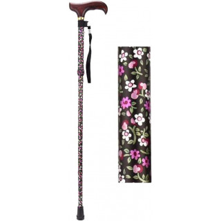 canne poignée bois réglable motif noir floral