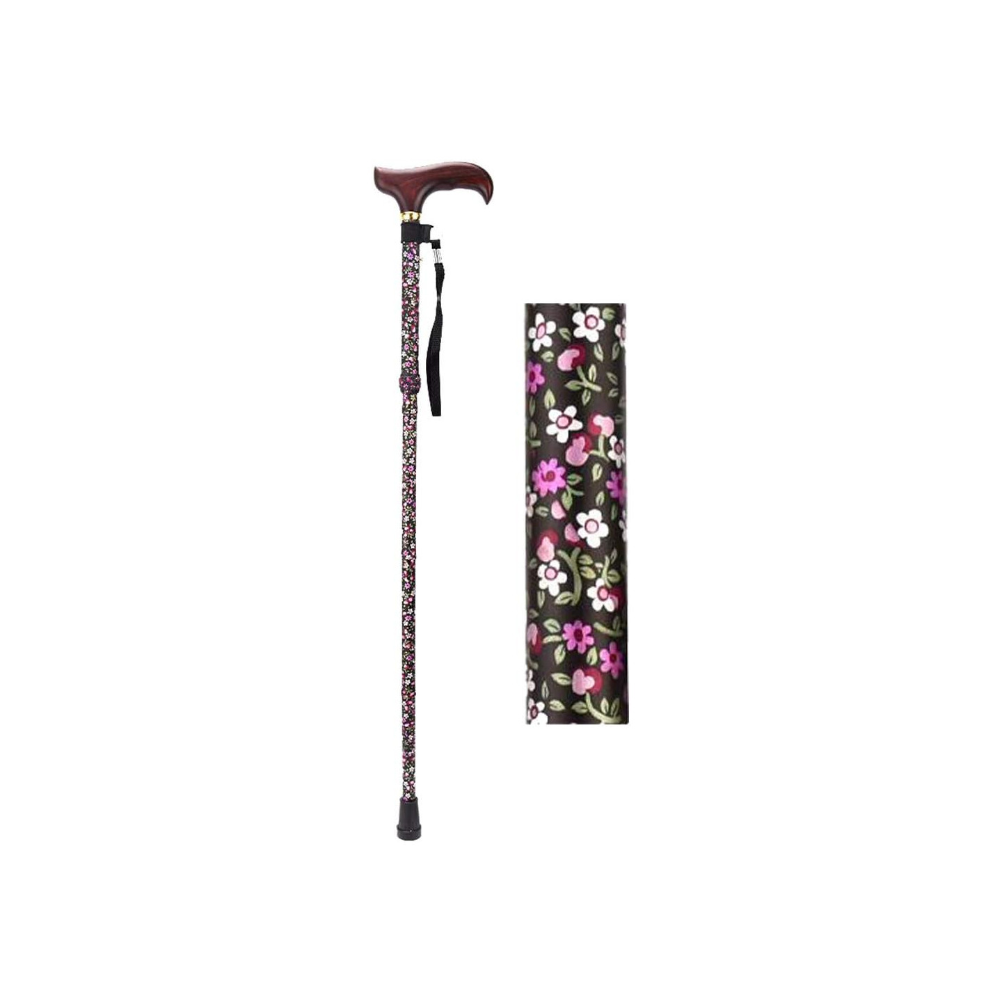 canne poignée bois réglable motif noir floral